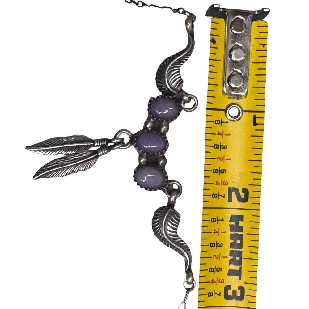 Vintage Navajo Sterling Silver Necklace Purple Amethyst Feather Pendant 20" - Picture 8 of 12